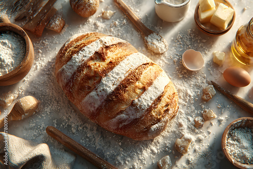 Fototapeta Naklejka Na Ścianę i Meble -  Baking homemade bread on white kitchen worktop with ingredients for cooking, culinary background, copy space, overhead view