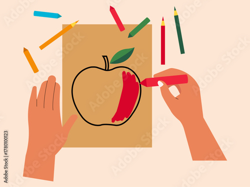 Human hands are making crafts, he is drawing on paper and coloring it, he is making a picture of an apple. Craft vector illustration. Flat illustration concept.