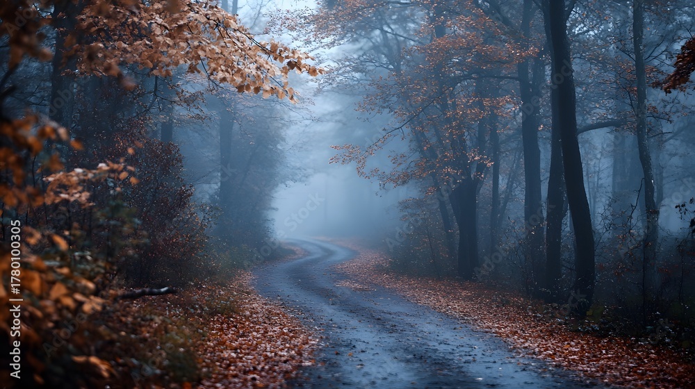 Obraz premium A winding road leads through a misty forest, with trees casting long shadows and fallen leaves scattered on the ground.