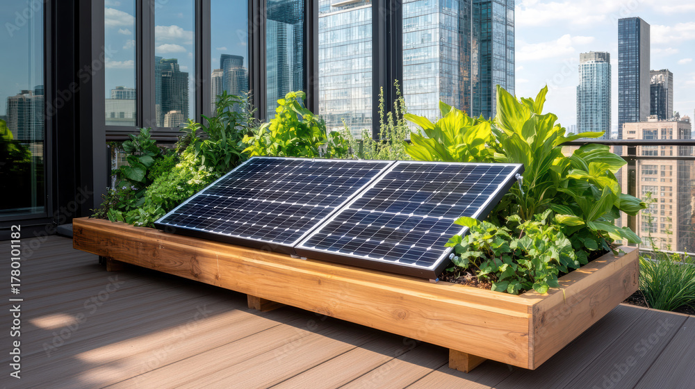 Fototapeta premium Sustainable rooftop garden with solar panels and lush greenery, promoting eco friendly living