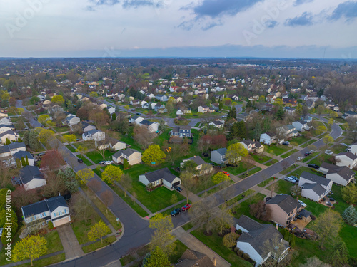 Vászonkép Historic residential district aerial view in spring in city center of Novi, Oakland County, Michigan MI, USA