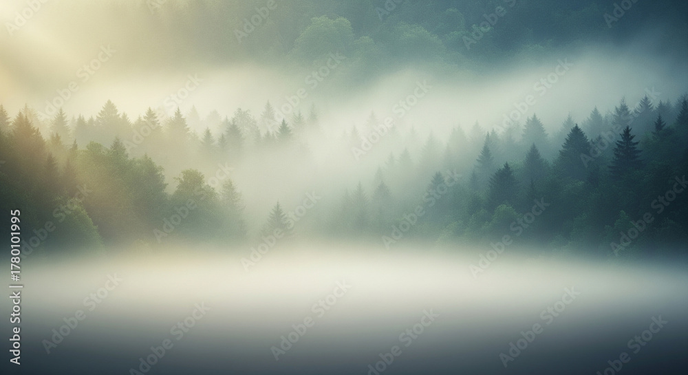 Naklejka premium Atmospheric misty forest with light gradient and open copy space for nature or wellness visuals.