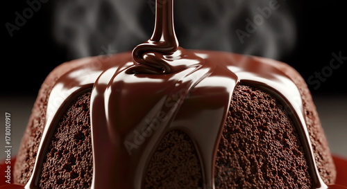 Melted chocolate slowly dripping over a chocolate petit gateau, thick and glossy texture with detailed chocolate cream texture.