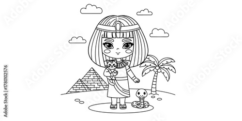 Little Cleopatra and Her Chibi Snake – Fun Egyptian Coloring Page for Kids