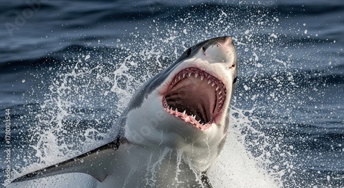 A great white shark leaping out of the water with its mouth open wide.