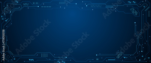 Abstract technology frame made of circuit board wires and digital elements.