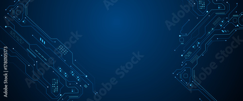 Circuit board frame with an empty place in the centre on a technology blue background.