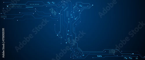 Abstract technology frame made of circuit board wires and digital elements. Technology lines circuit and dots on blue background.