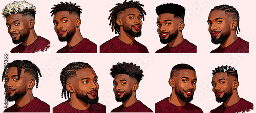 Vector illustration set of a handsome Black man with a variety of modern, stylish haircuts including braids, fades, twists, and dreadlocks. Character portraits for a barbershop or salon