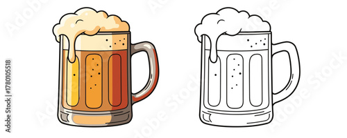 Cartoon illustration versions of a full glass beer mug with thick foam spilling over, one colored and one black outline drawing
