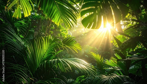 Sunbeams Pierce Dense Tropical Rainforest Canopy Lush Green Foliage and Leaves with Water Droplets