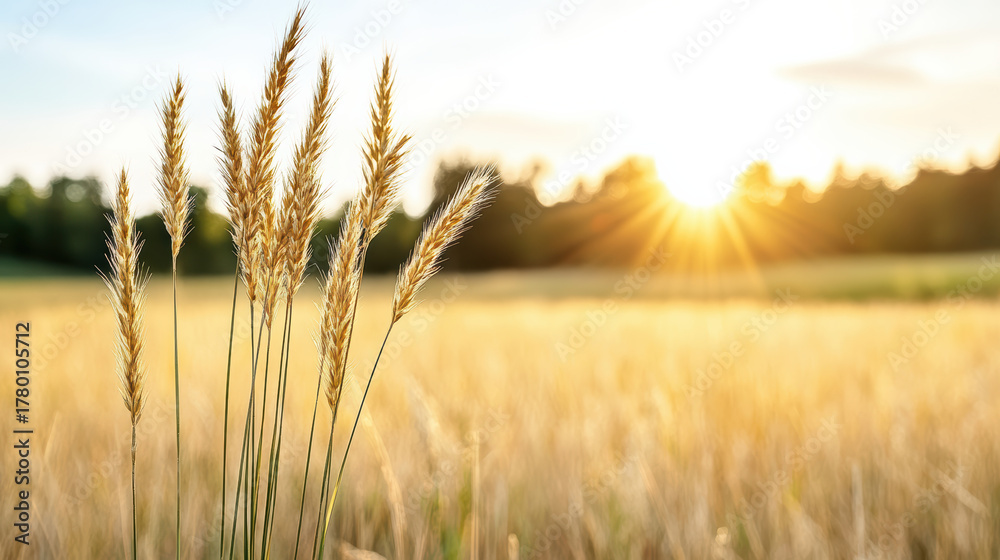 Naklejka premium Golden wheat swaying gently in sunlight, creating tranquil atmosphere in nature