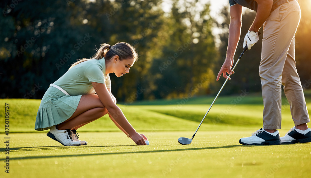 Obraz premium Young female golfer concentrating crouching on green grass golf course placing golf ball side view close up sunlight outdoor teamwork calm focused summer sport elegant style