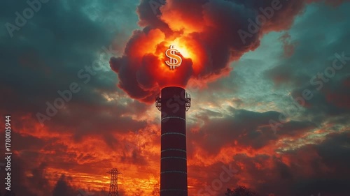 Smokestack emitting fiery clouds with dollar symbol