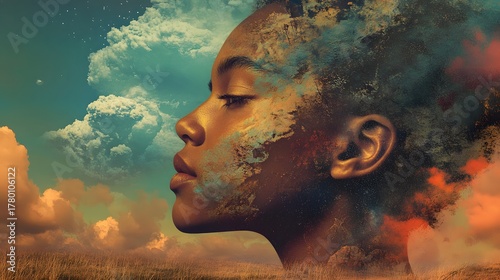 A woman's face is partially obscured by swirling clouds and golden light, set against a backdrop of a sunset sky and grassy field.