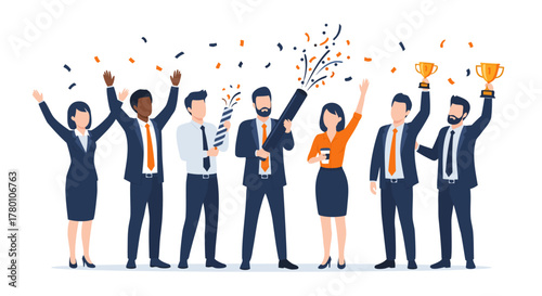 Celebrating Success A Diverse Group of Professionals Cheers with Confetti and Trophies