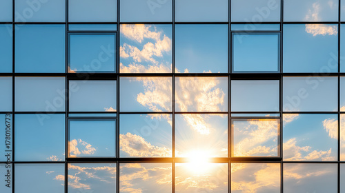 Sunset reflections glow across modern glass building, creating stunning visual effect