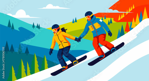 A happy couple snowboarding hand in hand down a colorful snowy mountain slope, enjoying a thrilling winter adventure together amidst beautiful natural scenery