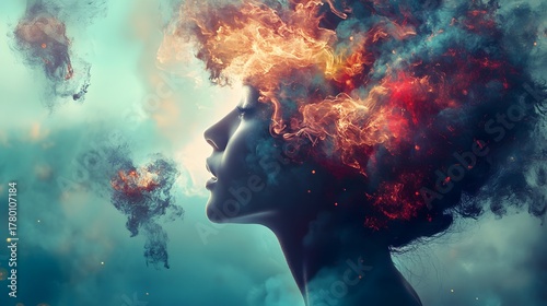 A woman's profile with colorful smoke emerging from her head, against a blue and green background.