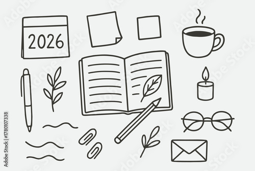 Mindful Journaling Tools 2026 — Hand Drawn Doodle Vector Illustration