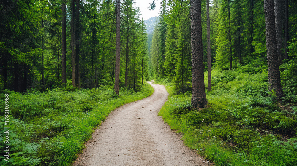 Naklejka premium Winding trail through tall pine forest, surrounded by lush greenery, creates tranquil atmosphere