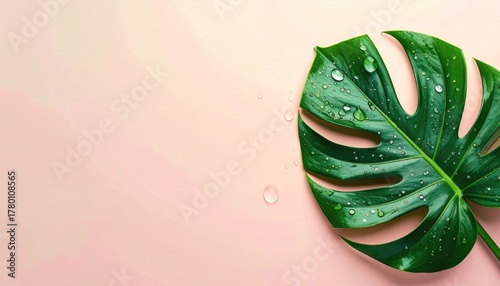 Monstera Leaf With Water Droplets On A Pastel Pink Background Macro Detail Clean Fresh Nature Concept
