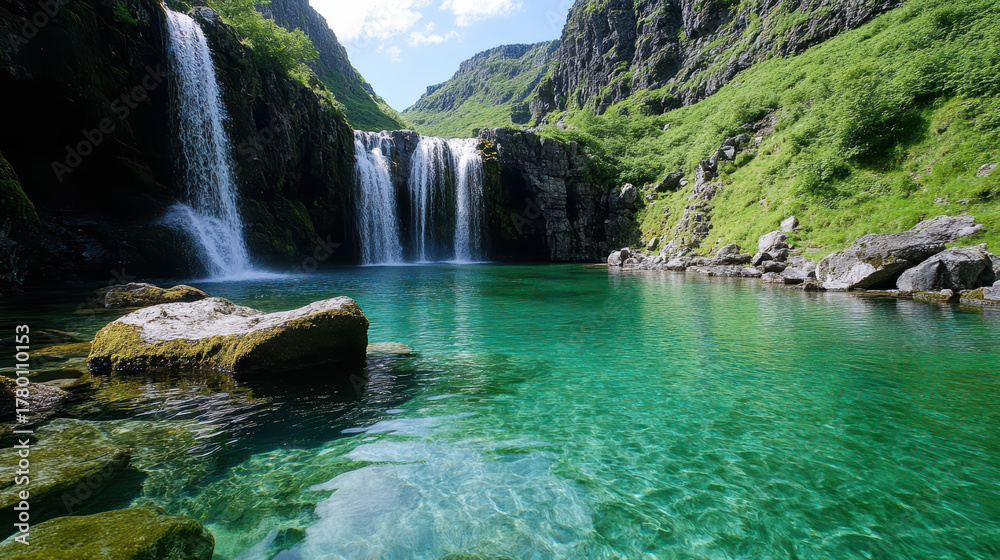 Fototapeta premium Cascading waterfall flowing into turquoise pool surrounded by lush greenery and rocky cliffs