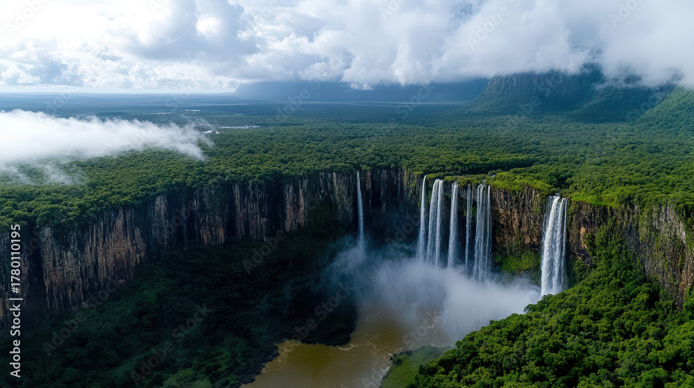 Fototapeta premium Majestic waterfall cascading over cliffs into mist, surrounded by lush greenery and dramatic