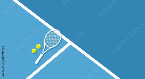 Minimalist illustration of a tennis racket and two balls on a blue tennis court with white lines.