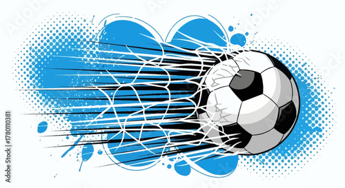 A soccer ball graphic bursts through a net with blue halftone and splatter effects, conveying speed and impact.