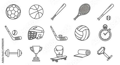 A collection of outlined sports equipment icons including balls, bats, rackets, a helmet, a trophy, and a stopwatch.