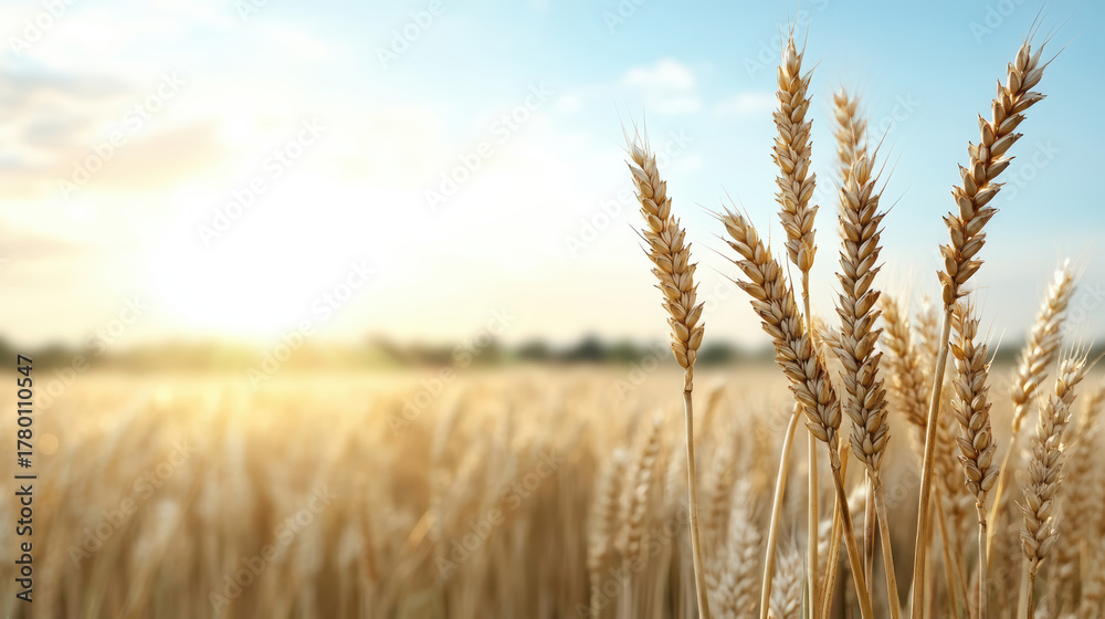 Naklejka premium Golden wheat field glowing under sunlight, creating serene and peaceful atmosphere