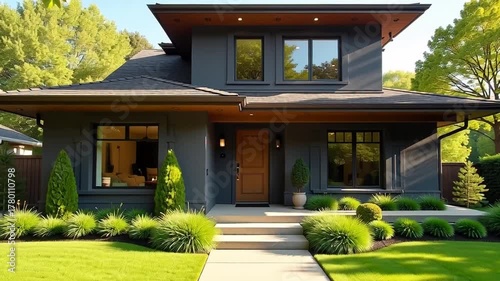 Dream home with professionally landscaped lawn, showcasing modern curb appeal in a desirable neighborhood, ready for new owners to move in now