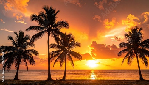 Silhouetted Coconut Palm Trees on a Tropical Beach at Golden Hour Sunset with Dramatic Clouds Reflecting on the Ocean