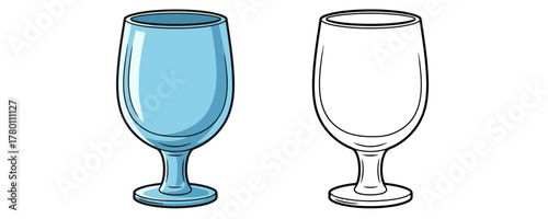 Versions of an empty stemmed glass, one rendered with light blue coloring and reflections, and one black outline drawing on a white background