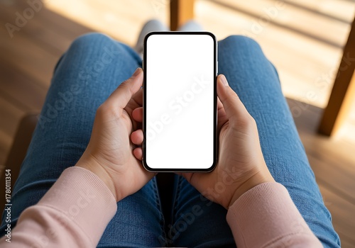 Close up overhead shot of person in jeans holding smartphone with blank white screen mockup template vertical view