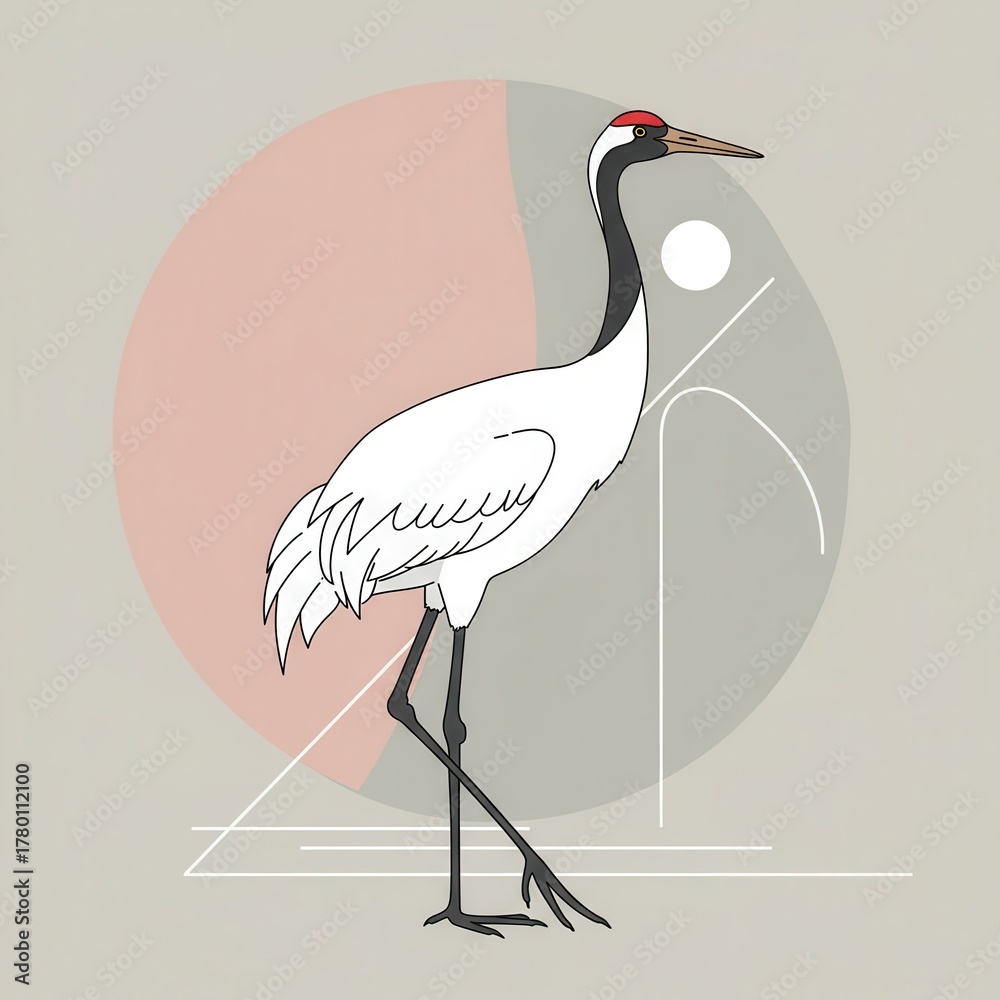Obraz premium Stylized illustration of a wading bird with minimalist geometric background elements