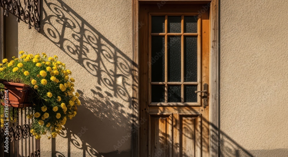 Obraz premium Wooden door with glass panes and a flower pot casting a shadow on a textured wall