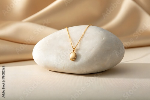 Elegant gold locket necklace resting on smooth white stone with soft silk background
