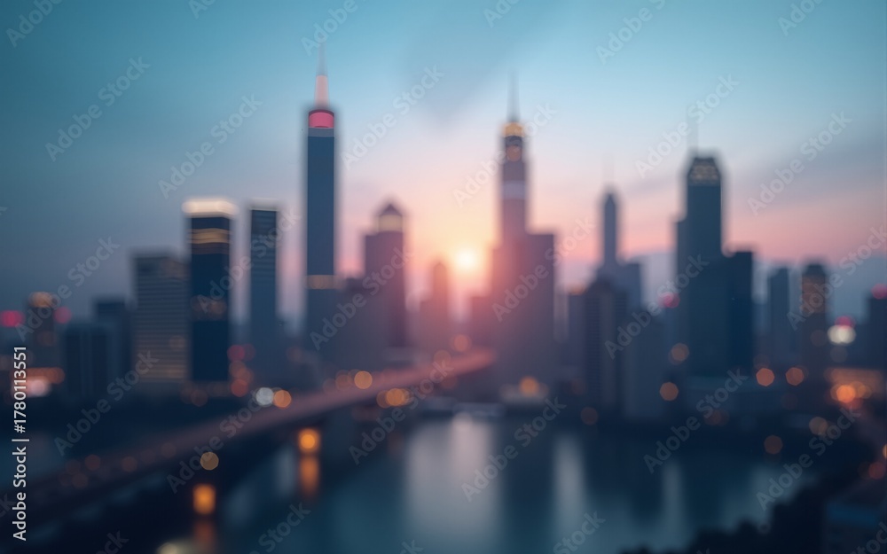 Fototapeta premium Modern blurred cityscape background with abstract urban skyline and soft bokeh lights, perfect for business presentations, professional website headers, and futuristic corporate designs. High quality
