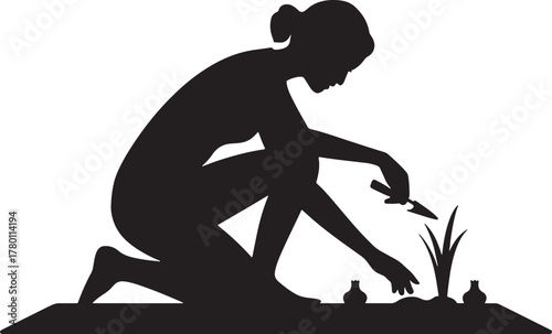 Gardening Woman Silhouette Planting Bulbs with Hand Trowel Isolated on Transparent Background