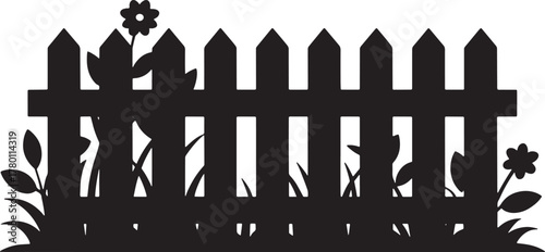 Silhouette Garden Fence with Flowers and Grass Isolated on Transparent Background