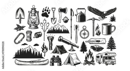 Collection of handdrawn camping and outdoor adventure icons, including tents, mountains, campfire, canoe, binoculars, and wildlife