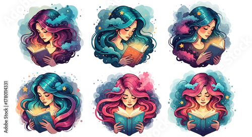 Six watercolor illustrations of young women with colorful, starry hair reading books, representing imagination, knowledge, and dreams