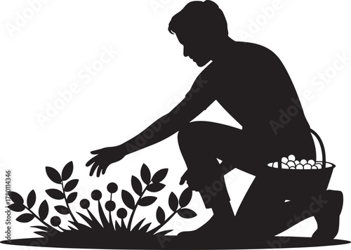Silhouette Illustration Depicting Person Gathering Berries With Basket Transparent Background