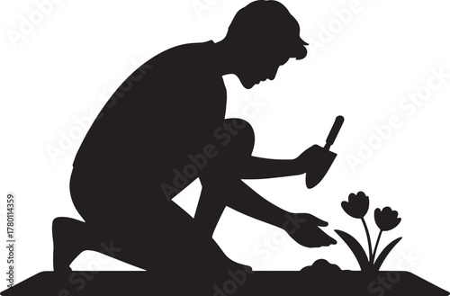 Silhouette of a gardener cultivating a garden, planting flowers in the soil