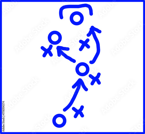 Blue strategy diagram with circles, crosses, and arrows on a white background, representing teamwork, planning, tactics, and creative strategic thinking.
