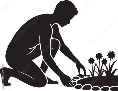 Silhouette of a gardener cultivating a garden, planting in landscaped area