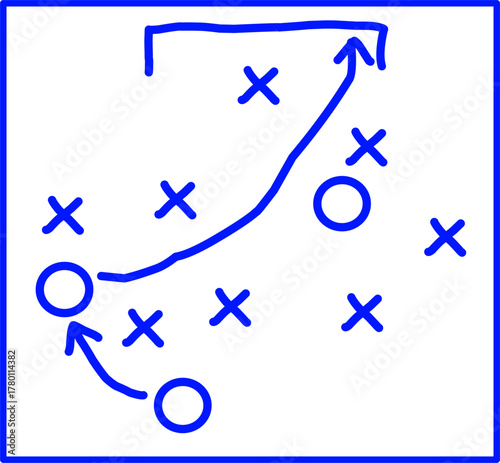 Blue strategy diagram with circles, crosses, and arrows on a white background, representing teamwork, planning, tactics, and creative strategic thinking.
