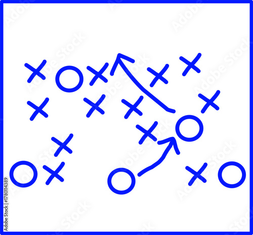 Blue strategy diagram with circles, crosses, and arrows on a white background, symbolizing teamwork, planning, tactics, and strategic thinking in sports or business.